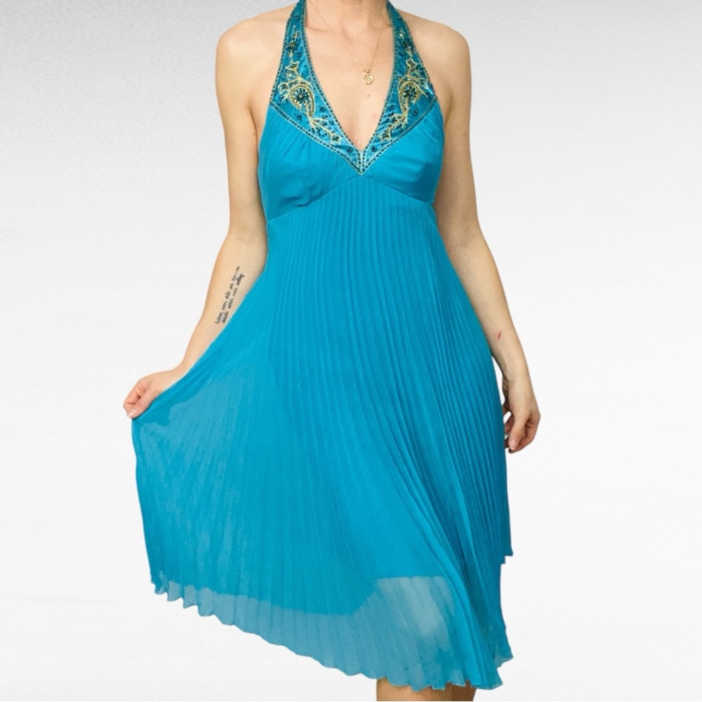 Laundry By Shelli Segal | Turquoise Accordion Pleat Beaded Halter Silk Dress